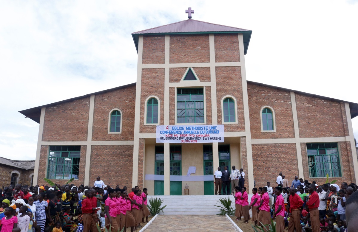 Members gather at the newly built Saint Paul United Methodist Church in Murehe, Burundi. The church, which has 7,300 members, can now hold 3,000 people for Sunday worship. The previous church held only 300 people, and the congregation often held services and revivals beneath a tree on the church grounds. Photo by Pepi Mbabaye, UM News.