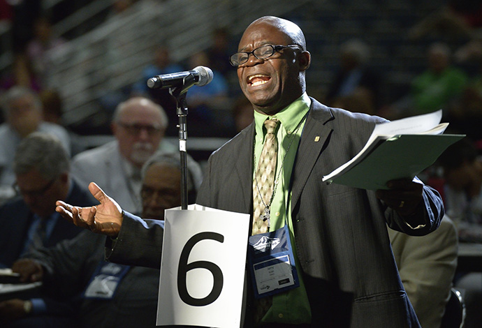 The Rev. Jerry Paye-Manfloe Kulah, a delegate from Liberia, speaks to the 2016 United Methodist General Conference in Portland, Ore. File photo by Paul Jeffrey, UM News.