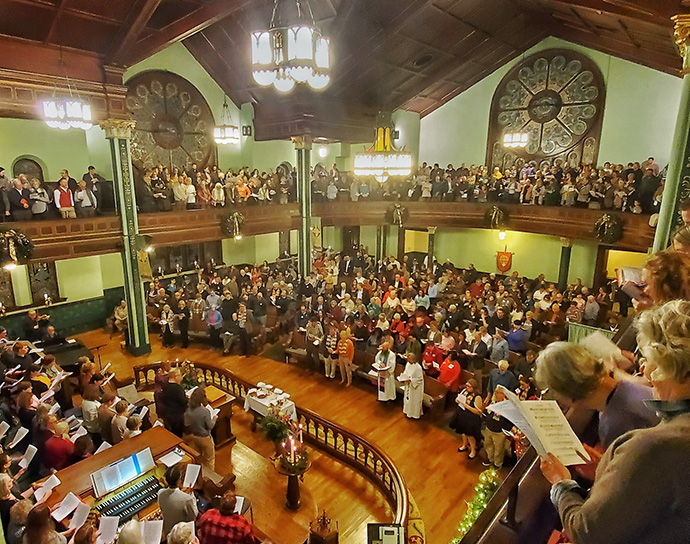 Some 575 people fill First United Methodist Church in Little Rock, Ark., for a Resist Harm worship service. The service was part of a nationwide effort to show support for LGBTQ Christians and counter the denomination’s Traditional Plan, which went into effect Jan. 1. Photo courtesy of Resist Harm.