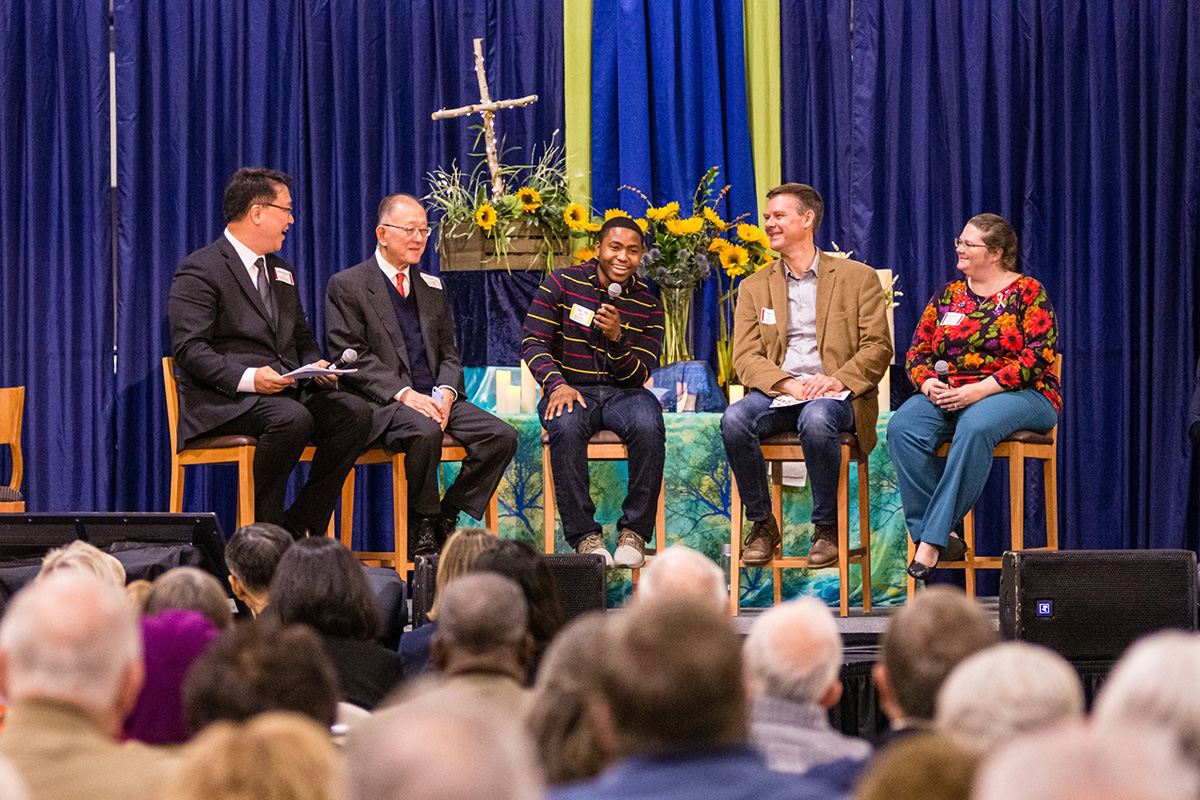 Zach Holder (center), with members of the Way Forward team, speaks during a special session of the Greater New Jersey Annual Conference in October 2019. The United Methodist Judicial Council will review five rulings of law related to that session, which resulted in an overwhelming vote to let churches decide how to include and affirm LGBTQ people while still giving congregations the right to agree to disagree. Photo by Corbin Payne.