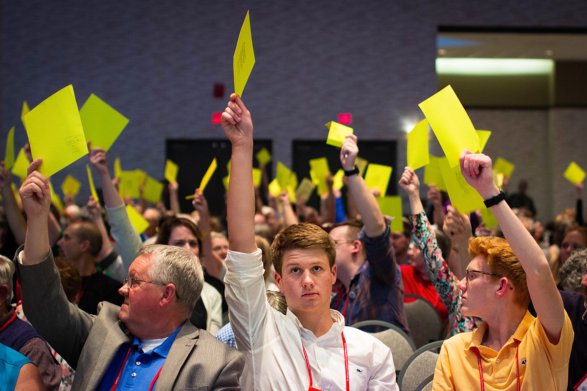 Members of the Michigan Conference vote on legislation in June 2019. The same conference has been called to a special session on March 7 to consider whether legislation for the Protocol of Reconciliation & Grace Through Separation will be presented to the 2020 General Conference in May. File photo by Jonathan Trites, Michigan Conference Communications.