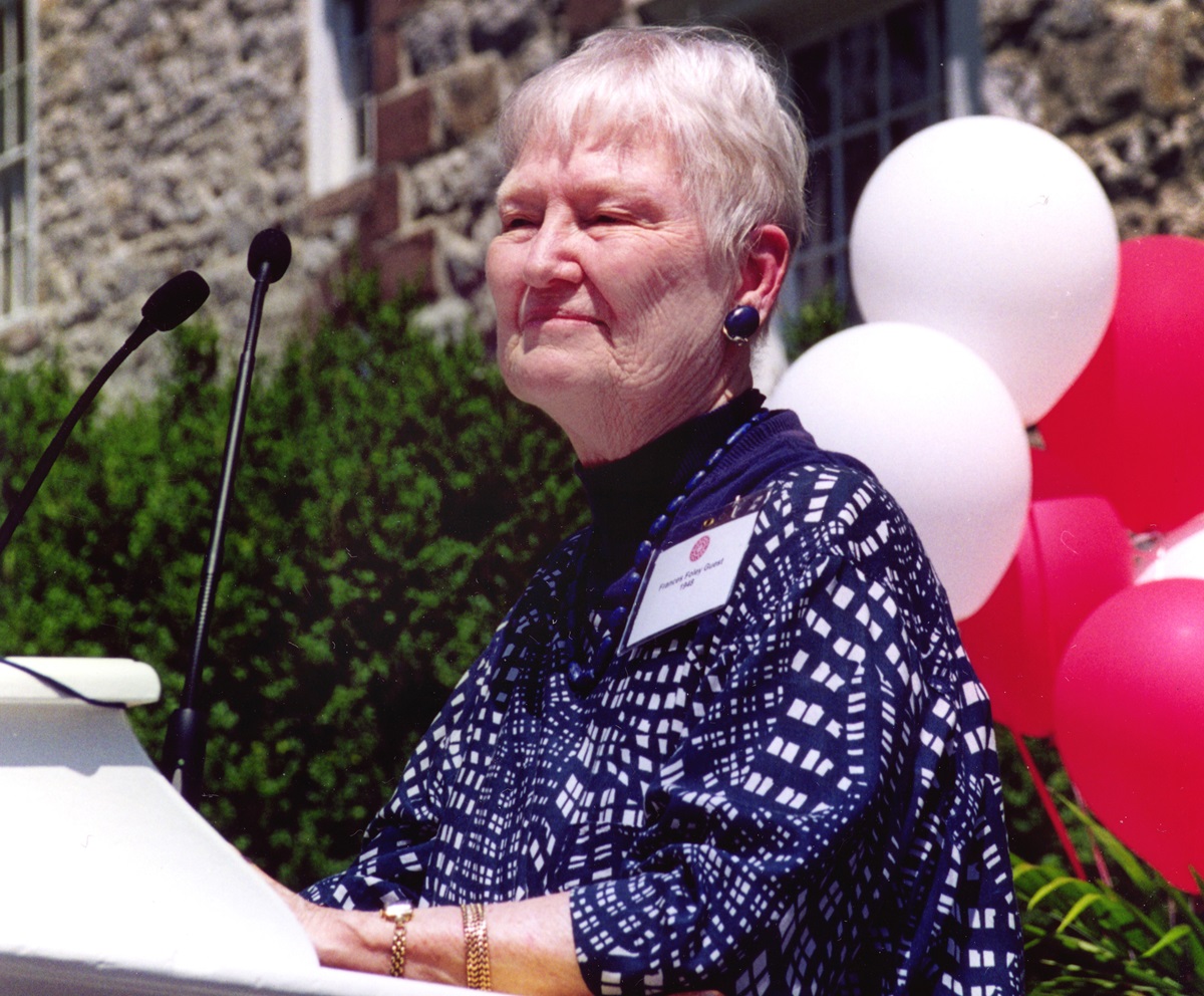 The Rev. Frances Helen Foley Guest speaks at Dickinson College in Carlisle, Pa., after receiving a distinguished alumni award in June 2002. The three and a half years she spent in a Japanese prison camp with her missionary parents helped shape her ministry. File photo by Kenneth J. Guest.