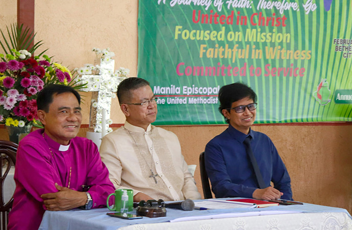 United Methodist Bishops Rodolfo A. Juan (left), Ciriaco Q. Francisco (center) and Pedro M. Torio Jr. preside over a session of the Philippines Annual Conference Cavite, meeting in Tagaytay City, Philippines. The conference endorsed and sent to the 2020 General Conference legislation for the Protocol of Reconciliation & Grace Through Separation and for the Christmas Covenant, two key proposals for the future of The United Methodist Church. Photo courtesy of the United Methodist Youth Fellowship of Philippines Annual Conference, Cavite.