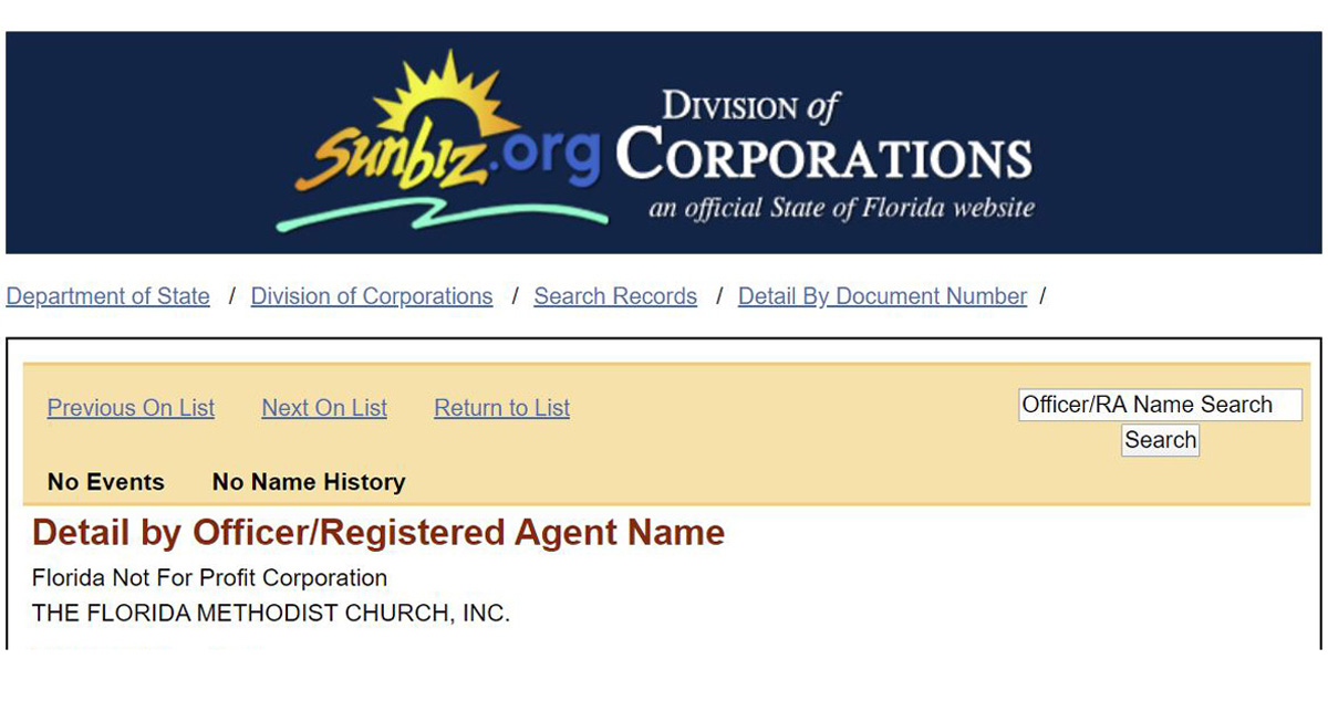 The top portion of an incorporation application for “The Florida Methodist Church” filed Feb. 7, 2020. Three Florida Conference cabinet members filed the papers, although two later decided to remove their names. Document from the Florida Secretary of State’s office.