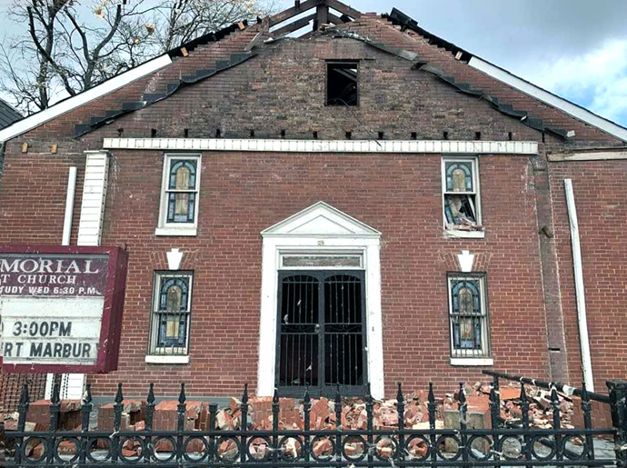 A view of Braden Memorial United Methodist Church in Nashville, Tenn., shows extensive damage to the historic church after severe storms hit Nashville and areas of central Tennessee on March 3. Photo by Adam Holdren, courtesy of the Glendale United Methodist Church Facebook page.   
