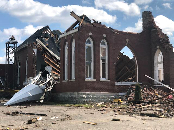 Dodson Chapel United Methodist Church in Hermitage, Tenn., is among the many Nashville area structures devastated by a March 3 tornado. Photo by the Rev. Chris Seifert.