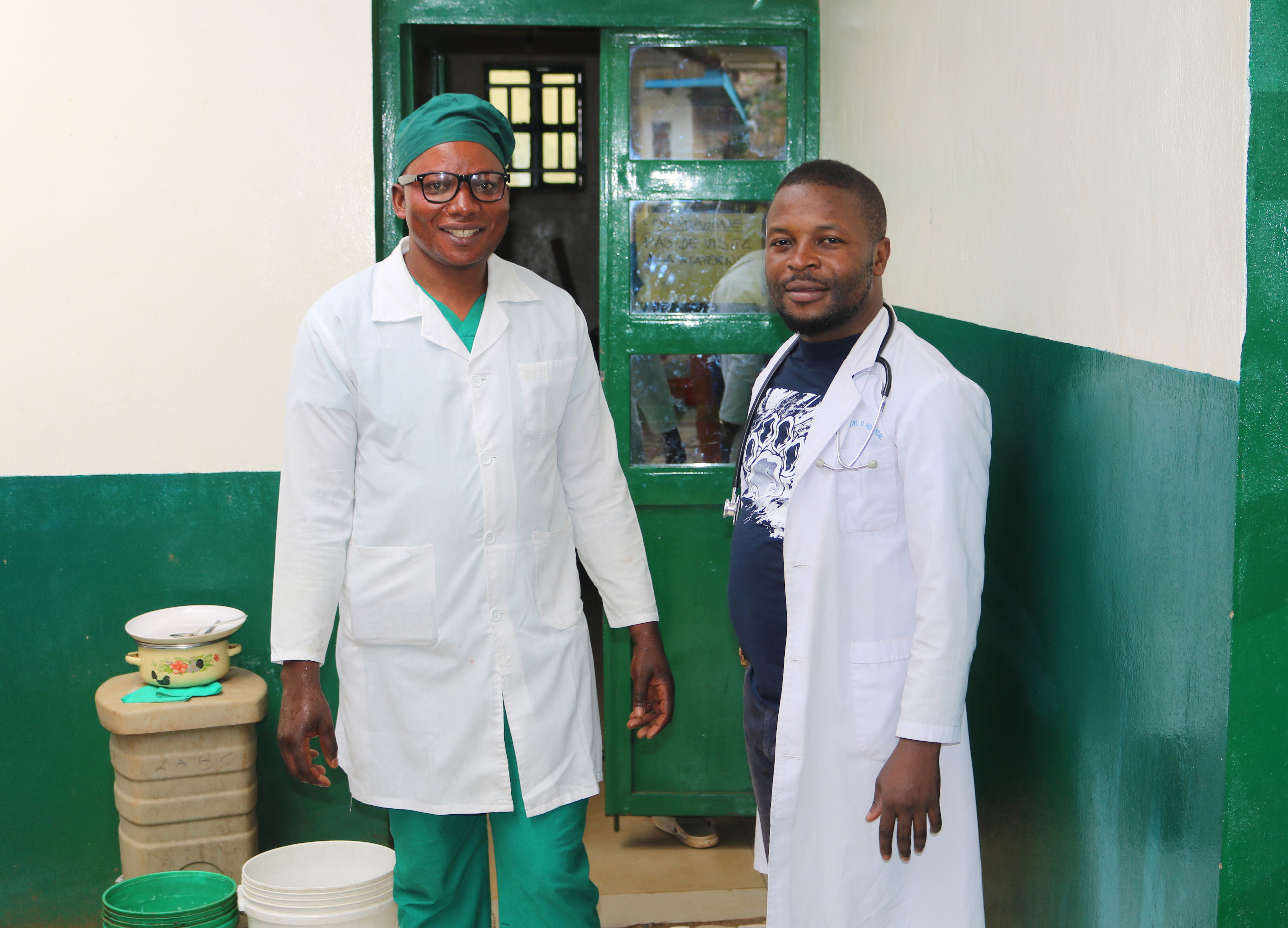 Nurse Leonard Shako (left) and Dr. Djimmy Kasongo, director of United Methodist Irambo Health Center in Bukavu, Congo, were among a group of United Methodist health workers who gathered in February to discuss the Ebola epidemic and ways to make prevention efforts more effective. Photo by Philippe Kituka Lolonga, UM News. 