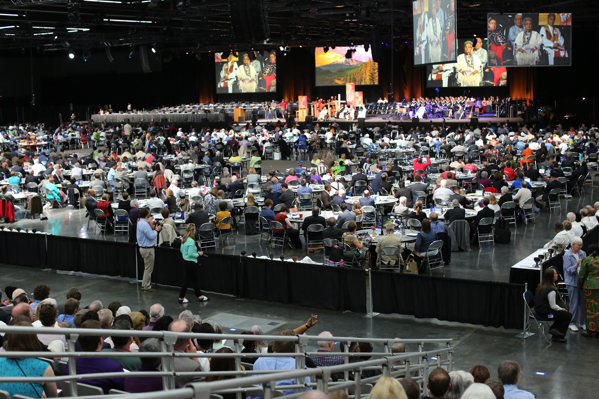 Worship filled with many languages and colors opened the 2016 United Methodist General Conference in Portland, Ore. With the coronavirus pandemic threatening lives around the globe, bishops are asking for a postponement of the 2020 General Conference. File photo by Kathleen Barry, UM News. 