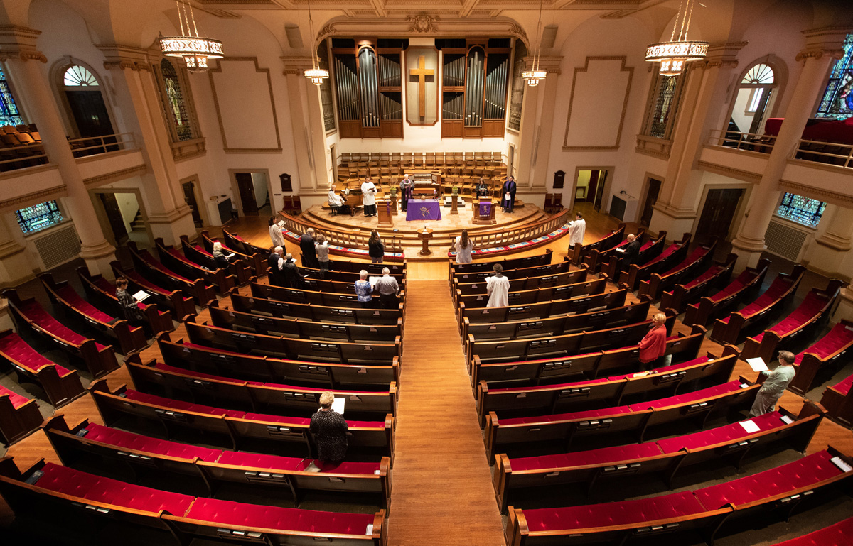 Members and leaders of Belmont United Methodist Church in Nashville, Tenn., worship in a mostly empty sanctuary Sunday, March 15, 2020, after church leadership encouraged people to worship from home via video livestream in response to the coronavirus. Photo by Mike DuBose, UM News.