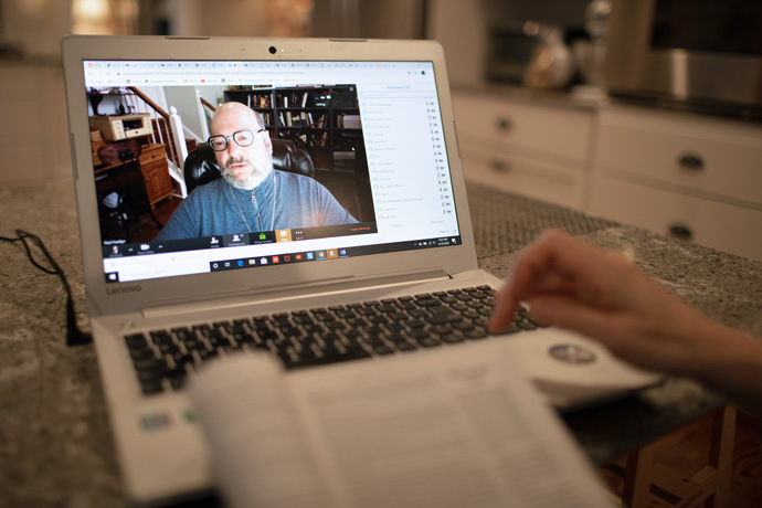 Bible scholar Paul Franklyn helps lead the Friendship Sunday school class of Belmont United Methodist Church in Nashville, Tenn., by video conference Sunday, March 15, 2020, after church leadership encouraged people to worship from home in response to the coronavirus. Photo by Mike DuBose, UM News.