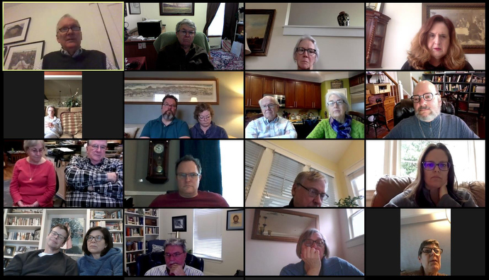 The Friendship Sunday school class of Belmont United Methodist Church in Nashville, Tenn., meets online Sunday, March 15, 2020, after church leadership encouraged people to worship from home in response to the coronavirus. Image courtesy of Susan Hay.