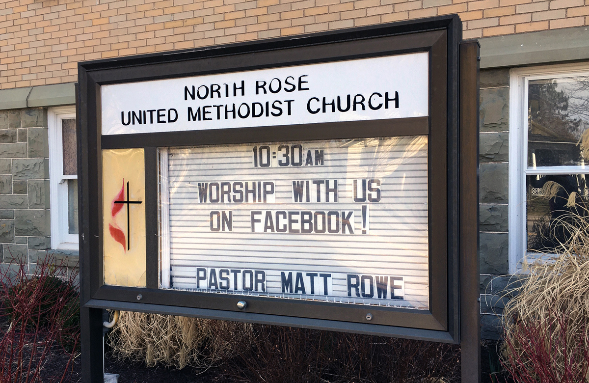 A Igreja Metodista Unida de North Rose, em North Rose, NY, está usando a mídia social para adoração e para reuniões de pequenos grupos durante a ameaça do coronavírus. Foto cedida pela Igreja Metodista Unida de North Rose.
