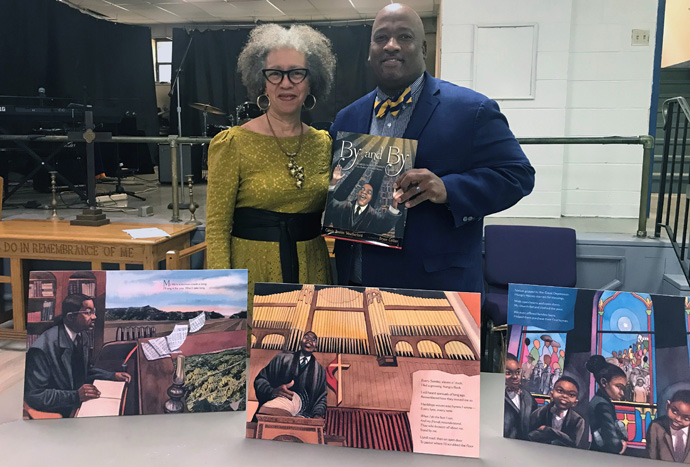 Author Carole Boston Weatherford and illustrator Bryan Collier share their new children's picture book, “By and By: Charles Albert Tindley, The Father of Gospel Music,” during a Sunday afternoon social at history Tindley Temple UMC in Philadelphia. Photo courtesy of Carole Weatherford.