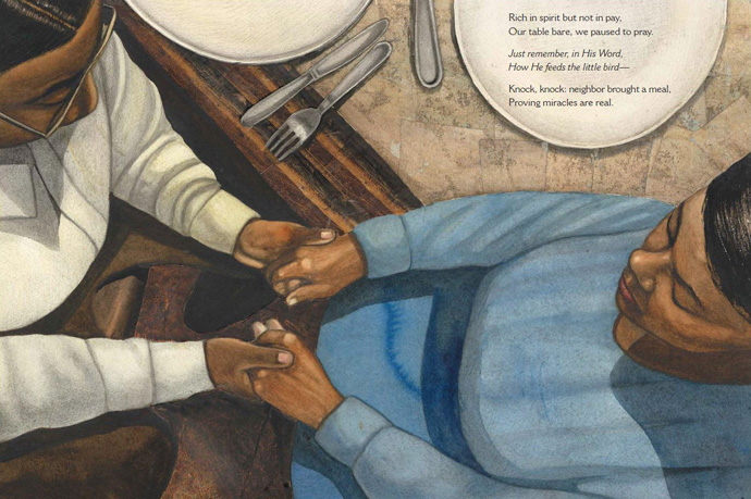 Art from “By and By: Charles Albert Tindley, The Father of Gospel Music,” a new children’s book, features an empty table but a faithful prayer: “Just remember, in His Word, How He feeds the little bird — Knock, knock: neighbor brought a meal, Proving miracles are real.” Image courtesy of Simon & Shuster.