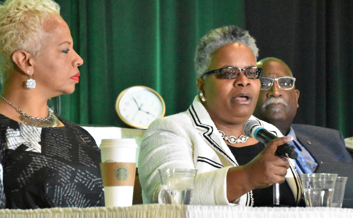 United Methodist Bishops Tracy S. Malone (left) LaTrelle Easterling (center) and Gregory V. Palmer take part in a panel discussion on major structural changes being proposed to General Conference and the views of black United Methodist leaders during the Black Methodists for Church Renewal meeting in Kansas City, Mo. Photo by John W. Coleman.