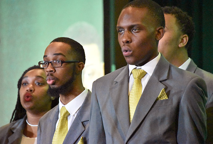 Members of the Philander Smith College choir sing during the Black Methodists for Church Renewal meeting in Kansas City, Mo. Philander Smith, in Little Rock, Ark., is one of the historically black colleges and universities supported by The United Methodist Church. Photo by John W. Coleman.