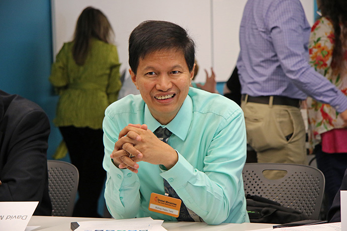 Bishop Pedro M. Torio Jr., Baguio Area, Philippines, takes part in the Spring 2017 meeting of the United Methodist Board of Global Ministries at its Atlanta headquarters. The coronavirus outbreak prohibited Torio and his fellow board members from gathering there for their most recent meeting. Instead, they met online March 20. File photo by Cynthia Mack, Global Ministries.