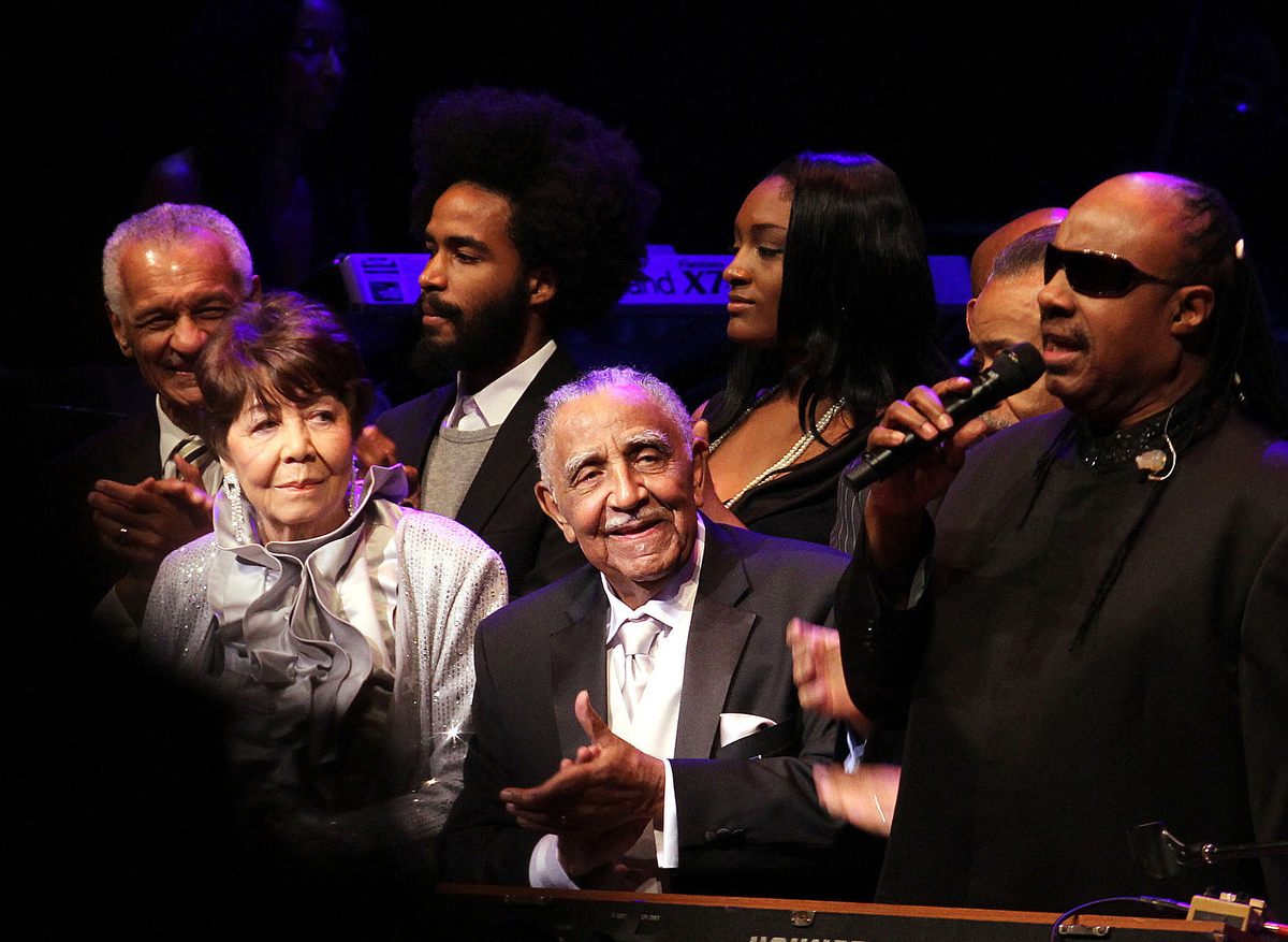 The Rev. Joseph E. Lowery (center) celebrates his 90th birthday with a song from entertainer Stevie Wonder (right) at the Atlanta Symphony Hall in October 2011. Beside Lowery is his wife Evelyn, who died in 2013. Joseph Lowery died March 27. He was 98. File photo by Kathleen Barry, UM News.