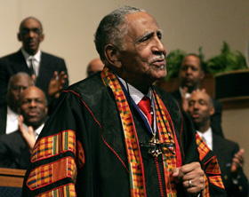 The Rev. Joseph Lowery preaches at Cascade United Methodist Church in Atlanta on Feb. 13, 2011, the day and place of the launching of his first book, “Singing the Lord’s Song in a Strange Land.” File photo by Kathy L. Gilbert, UM News.