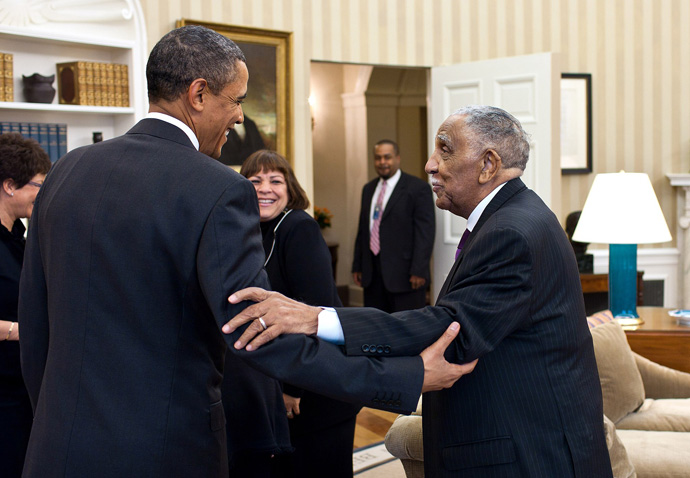President Barack Obama (left) meets with civil rights movement leader the Rev. Joseph Lowery and his family in the Oval Office, Jan. 18, 2011. Official White House Photo by Pete Souza, public domain photo courtesy of Wikimedia Commons.