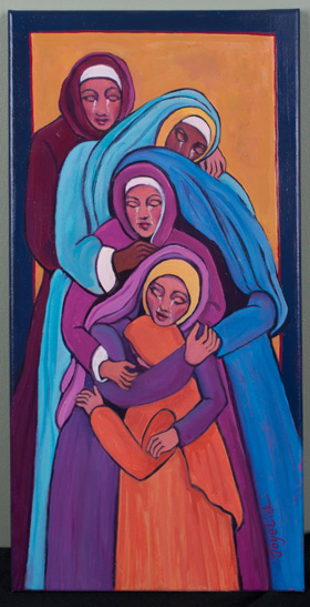 The United Methodist Cathedral of the Rockies in Boise, Idaho, offers an annual Stations of the Cross exhibit featuring works from local artists. This year, with its building closed because of the coronavirus threat, the church created a website of images for people to visit from home, day by day. The Station 9 artwork, “Jesus meets the women of Jerusalem,” is by Joye Lisk. Image courtesy of Lisk and Cathedral of the Rockies.