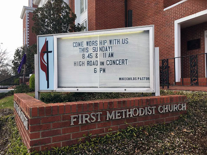 The Mississippi Conference and the congregation of First Methodist Church in Louisville, Miss., reached a settlement in a lawsuit over church property filed in 2018 after a majority of the congregation voted to withdraw from The United Methodist Church. This file photo shows the church sign in 2018. Photo courtesy of First Methodist Church.