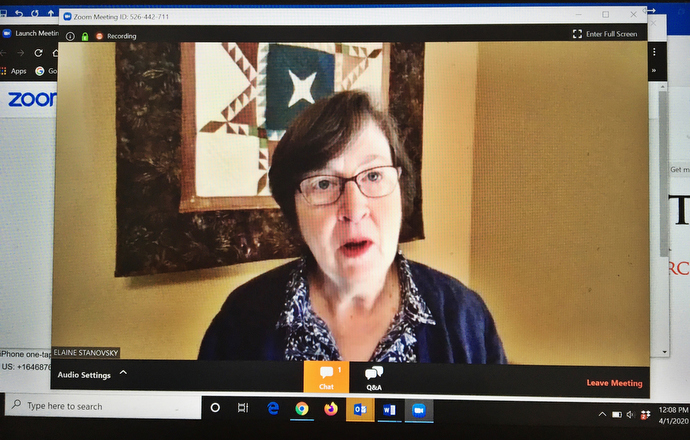 United Methodist Bishop Elaine JW Stanovsky speaks from her home during a webinar on coronavirus-related updates for the denomination’s Greater Northwest Area, which includes the states of Washington, Oregon, Idaho and Alaska. Photo by Linda Bloom, UM News.
