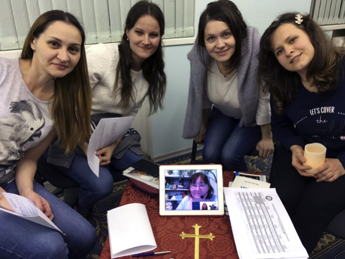 Students at Moscow Theological Seminary of The United Methodist Church have been leading online covenant groups for several years. Pictured are, from left:  Irina Rushkevich, Katerina Tokareva, Anna Klimina and Natalya Zaitseva. Photo courtesy of Sergei Nikolaev.