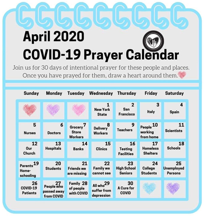 First United Methodist Church of Miami posted a prayer calendar for April 2020 to help church members stay connected while they shelter in place because of COVID-19. Photo courtesy of First United Methodist Church of Miami. 