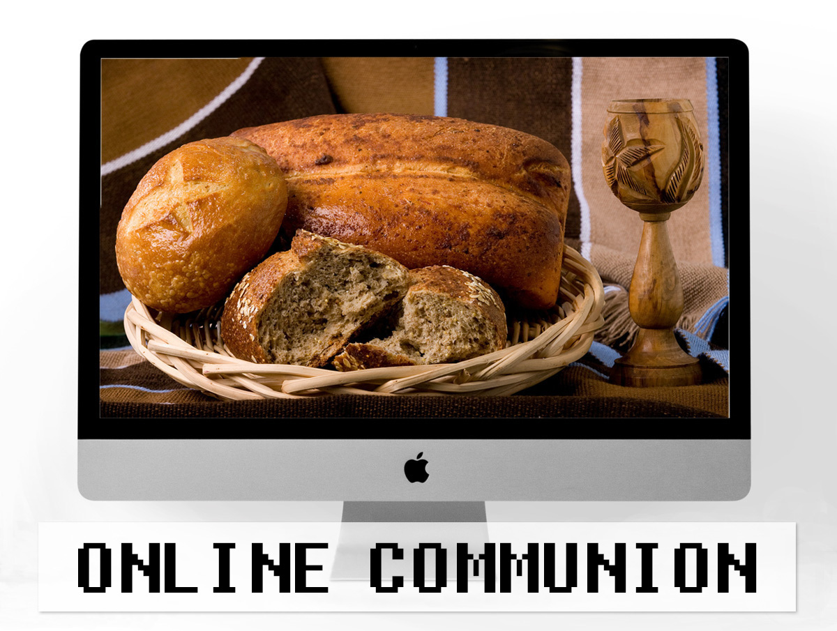 With church buildings closed due to the coronavirus pandemic, pastors and congregations are getting creative with online worship and even Holy Communion. Computer image by Pexels, courtesy of Pixabay; communion elements photo by Mike DuBose, UM News; illustration by Laurens Glass, UM News.