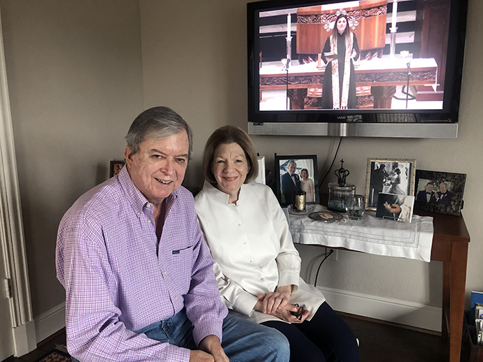 Rex and Sandy Jobe take part in an online communion service offered during the quarantine by their church, Highland Park United Methodist in Dallas. Photo by of Rex Jobe.