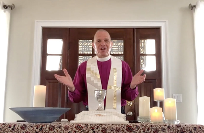 Bishop John Schol leads communion during a Zoom conference in the Greater New Jersey Conference. Screen shot courtesy of the Greater New Jersey Conference.