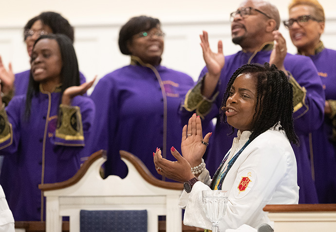 Bishop Cynthia Moore-Koikoi sings with the choir at Ben Hill United Methodist Church in Atlanta during a worship service at the Black Methodists for Church Renewal meeting in April 2019. Moore-Koikoi has steered the Western Pennsylvania Conference away from having online communion during the COVID-19 emergency. File photo by Mike DuBose, UM News.