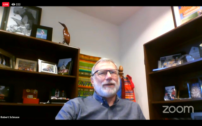 Bishop Robert Schnase presents a motion during an online meeting of the United Methodist Council of Bishops calling for a task force to look at ways to bring financial sustainability to the Episcopal Fund. Screenshot of Zoom meeting via Facebook by UM News.