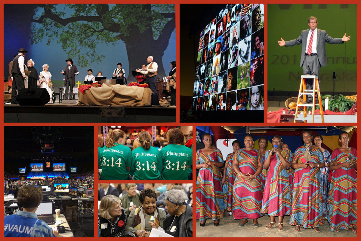 El pueblo metodista unido siempre ha sido creativo cuando se trata de reuniones, pero la forma en que las conferencias anuales conducen sus sesiones anuales en 2020 puede resultar particularmente desafiante. Fotos comenzando arriba y de izquierda a derecha: Britt Bradley de la Conferencia Anual Este de Kansas 2013 ahora Great Plains; Betty Backstrom de la Conferencia Anual Louisiana 2015; Conferencia Anual Nebraska 2015 ahora Great Plains; Gad Maiga de la Conferencia Kenia-Etiopía 2019; Conferencia Anual Oeste de Pensilvania 2013; Conferencia Especial Anual Ampliada de Nueva Jersey 2019, cortesía de Corbin Payne; Fran Walsh de la Conferencia Anual Virginia 2015. Foto-composición: Laurens Glass, Noticias MU.