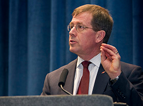 Bishop Scott Jones addresses the United Methodist Church's 2012 pre-General Conference news briefing in Tampa, Fla. Jones was removed from the Southern Methodist University trustee board in April. File photo by Mike DuBose, UM News.