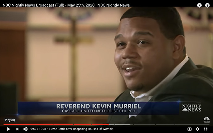 The Rev. Kevin Murriel, senior pastor of Cascade United Methodist Church in Atlanta, tells NBC News during its May 25, 2020, broadcast that it would be “irresponsible to open the doors of our church” until parishioners’ safety from the coronavirus can be assured. Screenshot of "NBC Nightly News" from YouTube.