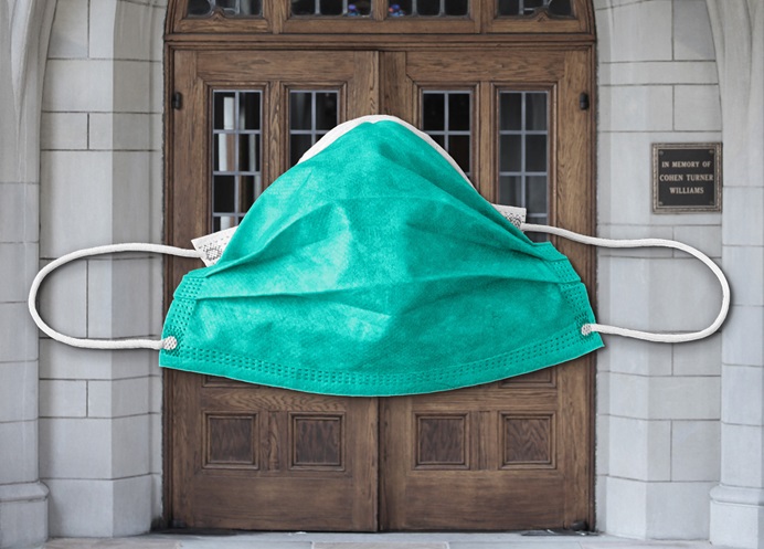 The United Methodist Church is feeling the economic impact of the COVID-19 pandemic as businesses have closed their doors and churches have suspended in-person worship, due to the health guidelines. Mask image by panos13121, courtesy of Pixabay; church doors photo by Steven Adair, courtesy of United Methodist Communications; graphic by Laurens Glass, UM News.