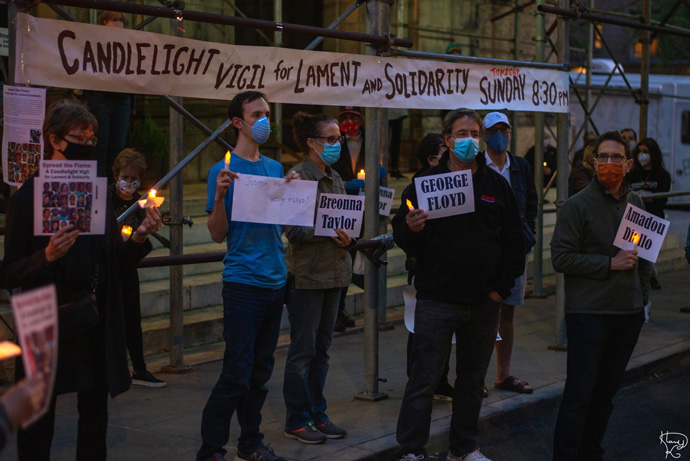 A candlelight vigil outside the Church of St. Paul and St. Andrew in Manhattan drew attention to the recent death of George Floyd in Minneapolis and other African Americans killed in incidents related to their race. New York was among the many U.S. cities experiencing days of protests over racism, inequality and police brutality. Photo by Harry Karpen.