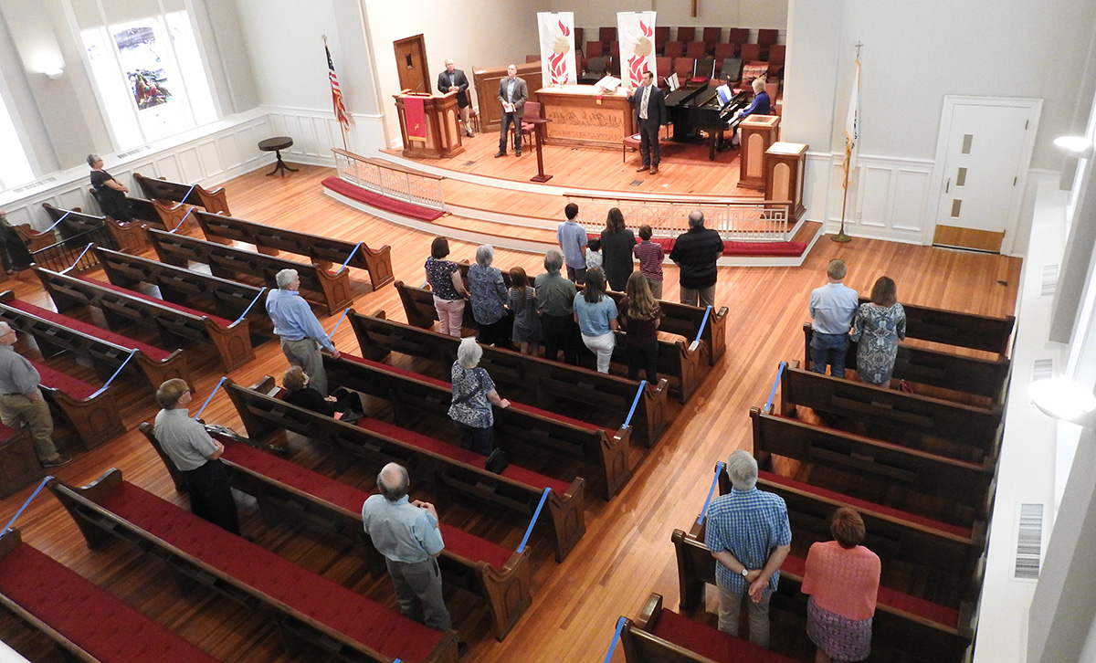 Worship in the sanctuary of First United Methodist Church of Sulphur Springs, Texas, resumes, albeit with seating restrictions and other safety measures related to the coronavirus pandemic. The church’s June 14 in-person services were its first since March 8. Photo by Sam Hodges, UM News.