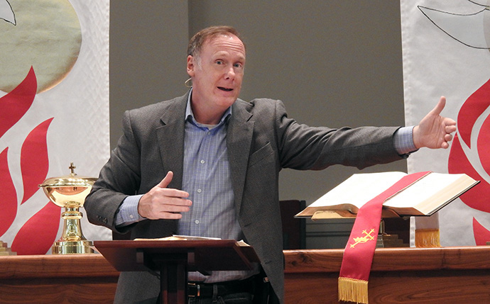 The Rev. Ed Lantz, senior pastor at First United Methodist Church of Sulphur Springs, preaches during a June 14 service. The church resumed in-person worship that day after about three months of online-only services, due to the COVID-19 outbreak. Photo by Sam Hodges, UM News.