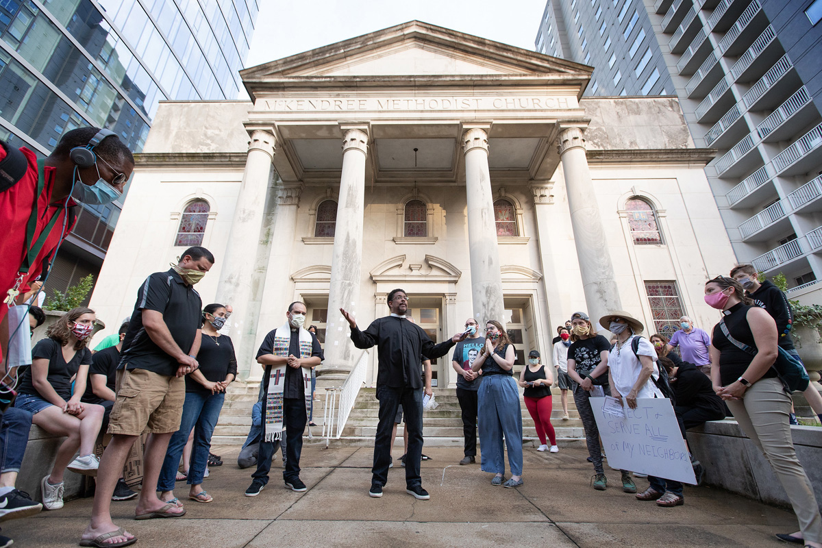 Clergy members gather in prayer during a vigil at McKendree United Methodist Church in Nashville, Tenn., to grieve and remember people lost to acts of racism. The United Methodist Commission on Religion and Race is launching a major initiative on combatting racism on Juneteenth, an American holiday commemorating the emancipation of remaining enslaved African Americans on June 19, 1865. Photo by Mike DuBose, UM News. Clergy members gather in prayer during a vigil at McKendree United Methodist Church in Nashville, Tenn., to grieve and remember people lost to acts of racism. The United Methodist Commission on Religion and Race is launching a major initiative on combatting racism on Juneteenth, an American holiday commemorating the emancipation of remaining enslaved African Americans on June 19, 1865. Photo by Mike DuBose, UM News.