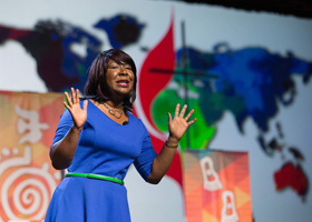 Erin Hawkins, top executive of the United Methodist Commission on Religion and Race, speaks on May 10, 2016, to the United Methodist General Conference in Portland, Ore. Hawkins was discussing intercultural competency. The commission is part of a campaign to dismantle racism. File photo by Mike DuBose, UM News.