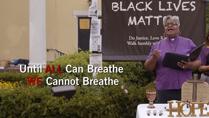 Baltimore-Washington Conference Bishop LaTrelle Easterling helps conduct a June 24 online “Service of Lament, Repentance, Communion and Commitment” while standing in front of St. John’s Episcopal Church in Washington. The hour-long video service is part of the denomination’s new initiative to combat racism. Screenshot of video by United Methodist Communications.