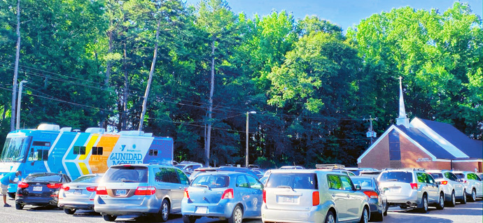 The Atrium Health Care COVID-19 Mobile Testing Facility was set up June 26 on the campus of St. Mark’s United Methodist Church in Charlotte, N.C., in the Metro District. St. Mark’s is in one of the African American communities in Mechlenburg County. More than 250 cars got in line. Photo courtesy of the Rev. Stephanie Moore Hand, Western North Carolina Conference.