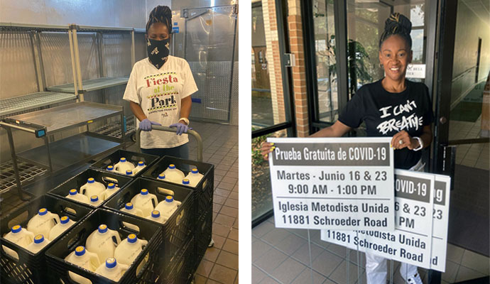 The Rev. Sheron C. Patterson, senior pastor of Hamilton Park United Methodist Church in Dallas, stocks up milk donations for needy families in photo on the left. In the right photo, Patterson holds signs promoting COVID-19 tests conducted each Tuesday at the church. Photos courtesy of Hamilton Park United Methodist Church.