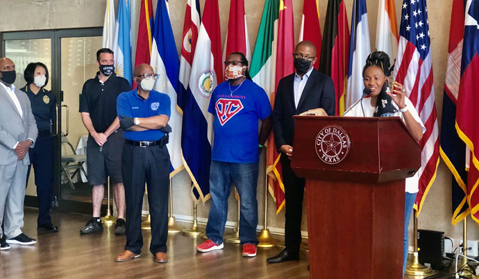 The Rev. Sheron C. Patterson, senior pastor of Hamilton Park United Methodist Church in Dallas, speaks during a news conference at the city hall in Dallas in May, 2020. She called for peace and calm after some protesters clashed with law enforcement. Photo courtesy of Hamilton Park United Methodist Church.