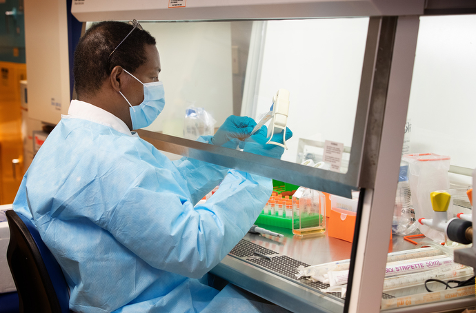 Donald Alcendor works with virus samples in his lab at Meharry Medical College to develop an antiviral drug to combat COVID-19. Photo by Mike DuBose, UM News.