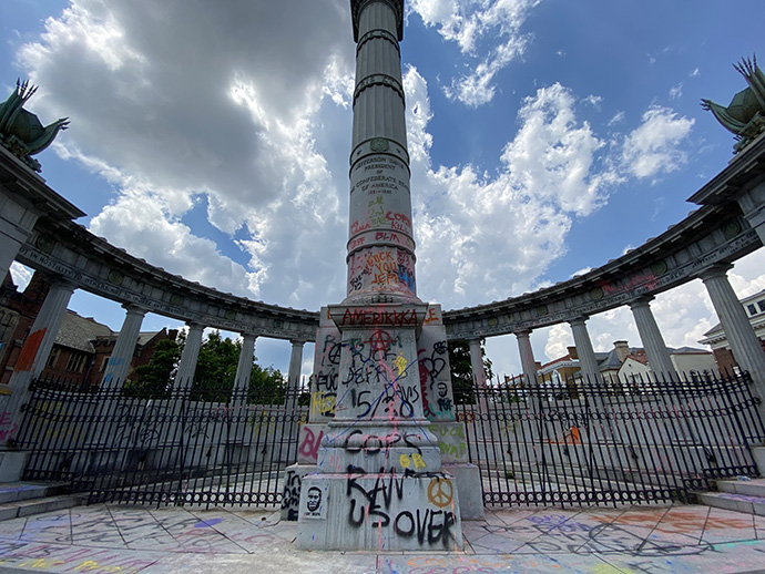 The Jefferson Davis memorial in Richmond, Va., is shown on July 1, 2020, following protests over the death of George Floyd, which resulted in the removal of the Davis statue on June 10, 2020. A new Virginia law allows localities to remove, relocate or contextualize war monuments. Photo courtesy of Wikimedia Commons.