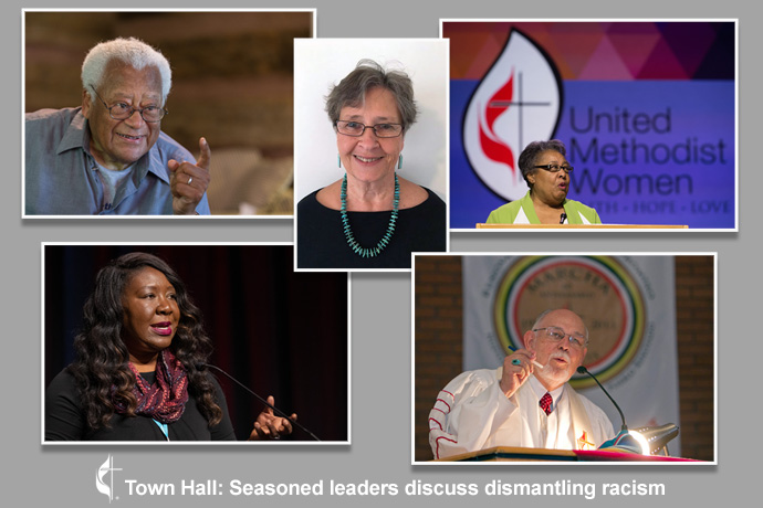 Speakers for the Aug. 19 “Town Hall: Seasoned leaders discuss dismantling racism” are (clockwise, starting top left) the Rev. James Lawson, Sue Thrasher, Clara Ester, Bishop Joel Martínez; Erin Hawkins, moderator. Photos by Mike DuBose, UM News; photo of Sue Thrasher, courtesy of United Methodist Communications.